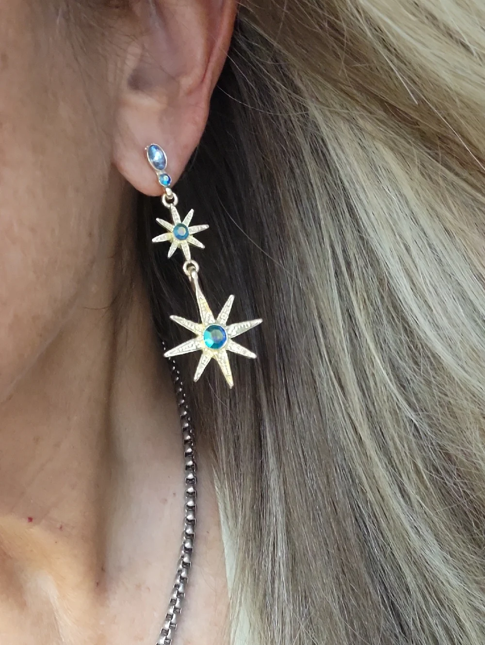 Celestial Gold-Tone Moon & Star Blue Crystal Drop Earrings